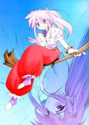 Rule 34 | 2girls, arche klein, broom, broom riding, ditama bow, multiple girls, pants, pink hair, red pants, sidesaddle, tales of (series), tales of phantasia, upside-down, witch