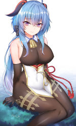 Rule 34 | 1girl, absurdres, ahoge, bare shoulders, bell, blue hair, bow, breasts, closed mouth, covered navel, cowbell, curled horns, elbow gloves, flower knot, ganyu (genshin impact), genshin impact, gloves, goat horns, hair between eyes, hair bow, highres, horns, large breasts, leotard, long hair, looking at viewer, nahanmin, pantyhose, pelvic curtain, purple eyes, sideboob, sidelocks, sitting, sleeveless, smile, solo, tassel, white background