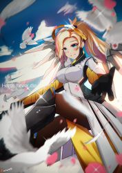 Rule 34 | 1girl, blonde hair, blue eyes, breasts, english text, engrish text, halo, high ponytail, highres, kowaremashita, large breasts, long hair, looking at viewer, mechanical halo, mechanical wings, mercy (overwatch), overwatch, overwatch 1, pantyhose, ranguage, smile, solo, typo, wings