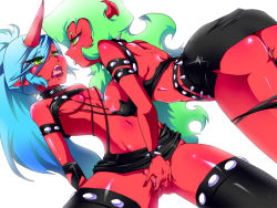 Rule 34 | 10s, 2girls, ass, belt, blue hair, blush, breasts, choker, colored skin, crop top, demon girl, fang, fingering, glasses, green eyes, green hair, horns, incest, kneesocks (psg), large breasts, light areolae, long hair, multiple girls, nabe (ingenmame), navel, nipple slip, nipples, no panties, open mouth, panties, panty &amp; stocking with garterbelt, panty pull, pointy ears, ponytail, pussy, pussy juice, red skin, saliva, saliva trail, scanty (psg), siblings, simple background, single horn, sisters, skirt, small breasts, smile, spikes, tail, thighhighs, tongue, underwear, very long hair, wings, yuri, zettai ryouiki