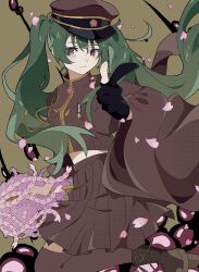 Rule 34 | 1girl, black gloves, cherry blossoms, closed mouth, gloves, green hair, hat, hatsune miku, highres, jacket, long hair, looking at viewer, midriff peek, military, military uniform, partially fingerless gloves, peaked cap, pinponpo, purple eyes, red jacket, red skirt, senbon-zakura (vocaloid), skirt, smile, solo, twintails, uniform, vocaloid, wide sleeves