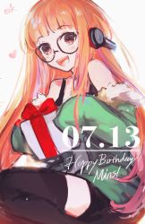 Rule 34 | 10s, 1girl, :d, black-framed eyewear, black thighhighs, bow, brown eyes, commentary, english commentary, gift, glasses, green shirt, grey background, headphones, heart, holding, holding gift, k (sktchblg), long hair, long sleeves, looking at viewer, open mouth, orange hair, persona, persona 5, red bow, sakura futaba, shirt, simple background, smile, solo, thighhighs, very long hair, zettai ryouiki