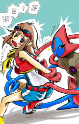 Rule 34 | 1girl, artist request, bare legs, creatures (company), deoxys, deoxys (attack), embarrassed, forced, game freak, gen 3 pokemon, goggles, looking back, mythical pokemon, nintendo, pokemon, pokemon (creature), pokemon ranger, pokemon ranger traces of light, scarf, sexually suggestive, summer (pokemon), tentacles
