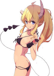 Rule 34 | 1girl, ass, bikini, blonde hair, blue eyes, bottle, breasts, broken horn, butt crack, cola, commentary, cowboy shot, demon girl, demon horns, demon tail, drink, flat chest, halterneck, highres, horns, licking lips, lilith (machikado mazoku), looking at viewer, lowleg, lowleg bikini, machikado mazoku, mel (melty pot), pointy ears, simple background, small breasts, soda bottle, solo, string bikini, swimsuit, tail, tongue, tongue out, white background