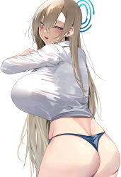 Rule 34 | 1girl, absurdres, ass, asuna (blue archive), blonde hair, blue archive, blue eyes, blue panties, breasts, collared shirt, from behind, hair between eyes, halo, highres, large breasts, long hair, long sleeves, looking at viewer, looking back, namazu (yamasonson), panties, parted lips, shirt, simple background, solo, underwear, white background, white shirt