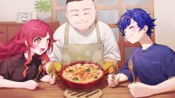 Rule 34 | + +, 1girl, 2boys, :3, :d, ^ ^, absurdres, apron, astel leda, black hair, black shirt, blonde hair, blue hair, blue shirt, blurry, blurry background, blush, closed eyes, closed mouth, cooking pot, facing another, facing viewer, food, fork, gratin, hair between eyes, hair flaps, happy, highres, holding, holding cooking pot, holding fork, holding spoon, holostars, indoors, long hair, looking at food, multicolored hair, multiple boys, nekota tsuna, nemoto yuuma, open mouth, orange eyes, orange hair, oven mitts, photo (object), pink hair, plant, potted plant, shirt, short hair, short sleeves, smile, spoon, steam, streaked hair, t-shirt, table, undercut, upper body, virtual youtuber, vspo!, white shirt, wooden table