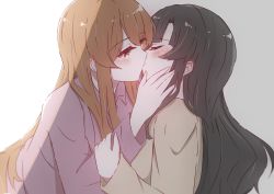 Rule 34 | 2girls, absurdres, assault lily, black hair, blush, brown hair, commentary request, ear blush, closed eyes, heterochromia, highres, kiss, kuo shenlin, long hair, multiple girls, pink eyes, user ctzu3228, wang yujia, yellow eyes, yuri