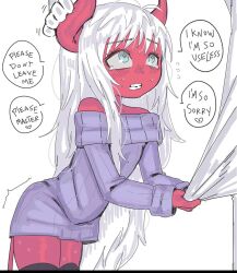 Rule 34 | artist request, black thighhighs, blue eyes, child, colored skin, crying, demon girl, horns, long hair, red skin, source request, sweat, sweater, tagme, tearing up, thighhighs, very long hair, white hair, zettai ryouiki