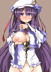 Rule 34 | 1girl, blush, breast hold, breasts, clothes lift, crescent, crescent hair ornament, eruichi (redphantom), expressionless, hair ornament, hat, highres, inverted nipples, large breasts, lifting own clothes, long hair, looking at viewer, mob cap, navel, nipples, one breast out, out-of-frame censoring, patchouli knowledge, purple eyes, purple hair, sleeveless, solo, touhou, very long hair