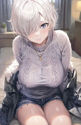 Rule 34 | 1girl, argyle, argyle clothes, argyle sweater, blush, breasts, covered erect nipples, cutoffs, denim, denim shorts, fur-trimmed jacket, fur trim, grey hair, grey sweater, hair over one eye, indoors, jacket, jacket partially removed, kurono mitsuki, large breasts, looking at viewer, on bed, one eye covered, original, short shorts, shorts, sitting, solo, sweatdrop, sweater, torn clothes, torn shorts