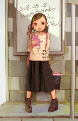 Rule 34 | 1girl, 2018, ankle boots, bag, beige shirt, black footwear, black skirt, blush stickers, boots, brown eyes, brown hair, character name, choker, clothes writing, dated, drinking, drinking straw, full body, hair ornament, hairclip, happy birthday, high heels, highres, idolmaster, idolmaster cinderella girls, long sleeves, looking at viewer, muk (monsieur), open mouth, short hair, shuto aoi, skirt, solo, standing, striped clothes, striped skirt, teeth, vertical-striped clothes, vertical-striped skirt