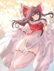 Rule 34 | 1girl, absurdres, adapted costume, backlighting, bare shoulders, blush, bow, breasts, brown eyes, brown hair, commentary, covered navel, detached sleeves, floating hair, frills, hair bow, hakurei reimu, highres, long hair, long sleeves, looking at viewer, medium breasts, no panties, red bow, simple background, sleeves past fingers, sleeves past wrists, solo, thighhighs, touhou, yueniwa