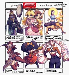 Rule 34 | 6+girls, annoyed, arms (game), arms up, ashley (warioware), ass, black hair, blonde hair, blouse, blue eyes, breasts, broom, brown hair, copyright name, crossover, crown, dark-skinned female, dark skin, dress, earrings, elf, exercising, expressionless, fire, fire emblem, fire emblem awakening, fire, flower earrings, gloves, grin, hands on own hips, highres, holding, holding weapon, jewelry, lance, leggings, long hair, looking at viewer, mario (series), midna, midna (true), multiple drawing challenge, multiple girls, nintendo, open mouth, panties, pantyhose, pointy ears, polearm, princess daisy, princess peach, push-ups, red eyes, ring fit adventure, ring fit trainee, shirt, short hair, sitting, sitting on person, six fanarts challenge, sleeveless, sleeveless shirt, smile, sports bra, sully (fire emblem), super mario bros. 1, super mario land, super smash bros., the legend of zelda, the legend of zelda: twilight princess, thigh gap, thighhighs, tomboy, twintails, twintelle (arms), underwear, very long hair, wand, warioware, weapon, white hair, wii fit, wii fit trainer, wii fit trainer (female), witch
