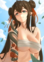 Rule 34 | 1girl, absurdres, arm tattoo, artist name, blue sky, blush, breasts, brown hair, budget sarashi, cleavage, closed mouth, collarbone, day, double bun, elf, flower tattoo, green eyes, hair bun, hair ribbon, highres, large breasts, long hair, looking away, looking to the side, mandytsune, original, outdoors, pointy ears, red ribbon, ribbon, sarashi, sidelocks, sky, smile, solo, strapless, tattoo, tube top, twintails, underboob, upper body, very long hair, watermark, web address