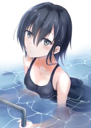 Rule 34 | 1girl, black eyes, black hair, black one-piece swimsuit, breasts, commentary request, hair between eyes, highres, i-13 (kancolle), kantai collection, long bangs, looking at viewer, one-piece swimsuit, partially submerged, pool ladder, school swimsuit, short hair, small breasts, solo, sumisaki, swimsuit, upper body, water
