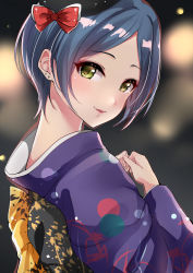 Rule 34 | 1girl, black headwear, blue hair, blurry, blurry background, blush, bow, ear piercing, furisode, hayami kanade, highres, idolmaster, idolmaster cinderella girls, japanese clothes, kimono, long sleeves, looking at viewer, murabito c, nape, outdoors, parted bangs, parted lips, piercing, print kimono, red bow, sash, short hair, sidelocks, smile, solo, upper body, wide sleeves, yellow eyes