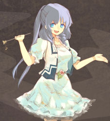 Rule 34 | 1girl, :d, alternate hairstyle, aqua dress, belt, blue eyes, blue hair, blush, bracelet, breasts, bright pupils, brown background, collarbone, commentary request, cowboy shot, dress, drill hair, flower, hair ornament, hair stick, holding, holding stick, jewelry, kaku seiga, looking at viewer, medium breasts, medium hair, open clothes, open mouth, open vest, petticoat, puffy short sleeves, puffy sleeves, short sleeves, simple background, smile, solo, standing, stick, suisa (mizsai), touhou, vest