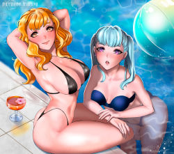 Rule 34 | 2girls, arms behind head, ass, ball, beachball, bikini, black bikini, black clover, blue bikini, breasts, cousins, covered erect nipples, drink, family, kirani, large breasts, leaning on person, long hair, looking at viewer, mimosa vermillion, multiple girls, noelle silva, open mouth, orange eyes, orange hair, poolside, purple eyes, silver hair, smile, swimsuit, thick thighs, thighs, twintails, water, watermark