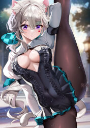 Rule 34 | 1girl, animal ear fluff, animal ears, arm up, black leotard, breasts, brown pantyhose, cat ears, cat tail, commentary, facial mark, genshin impact, grey hair, highres, juliet sleeves, leg up, leotard, long hair, long sleeves, looking at viewer, lynette (genshin impact), medium breasts, outdoors, paid reward available, pantyhose, parted lips, puffy sleeves, purple eyes, shrug (clothing), solo, split, squchan, standing, standing on one leg, standing split, star (symbol), tail, thighs, very long hair