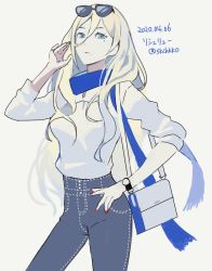 Rule 34 | 1girl, blonde hair, blue eyes, blue scarf, casual, dated, denim, eyewear on head, hair between eyes, hand in own hair, hand on own hip, jeans, kantai collection, kasumi (skchkko), long hair, looking at viewer, mole, mole under eye, official alternate costume, one-hour drawing challenge, pants, pursed lips, richelieu (kancolle), scarf, solo, twitter username, watch, white background, wristwatch
