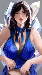 Rule 34 | 1girl, bare shoulders, black panties, blue bow, blue dress, bow, breasts, brown eyes, brown hair, cleavage, clothes lift, dress, dress lift, final fantasy, final fantasy vii, final fantasy vii remake, gem, highres, large breasts, lifted by self, long hair, navel, panties, parted bangs, parted lips, pink lips, short dress, solo, tifa lockhart, tifa lockhart (refined dress), underwear, wall market, yamaishi (mukoubuti)