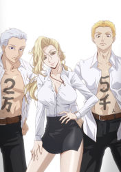 Rule 34 | 1girl, 2boys, anime coloring, ballroom e youkoso, blonde hair, body writing, breasts, brown eyes, character request, cleavage, dress shirt, highres, hyoudou marisa, jewelry, kyabakurabakufu, large breasts, long hair, multiple boys, necklace, open clothes, open shirt, shirt, side slit, translated, white background, white shirt