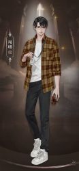 Rule 34 | 1boy, black hair, black pants, brown eyes, brown jacket, can, chair, chinese commentary, chinese text, commentary request, fog, full body, highres, holding, holding can, jacket, klein moretti, looking at viewer, lord of the mysteries, male focus, official art, pants, pillar, shirt, short hair, solo, table, translation request, white footwear, white shirt