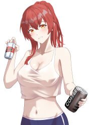 Rule 34 | 1girl, :d, absurdres, azu 3423, beer can, blue shorts, breasts, can, coffee, commentary, crop top, dolphin shorts, drink can, english commentary, fingernails, grin, highres, holding, holding can, honkai (series), honkai impact 3rd, large breasts, long hair, looking at viewer, midriff, murata himeko, navel, open mouth, ponytail, red hair, shirt, shorts, simple background, sleeveless, sleeveless shirt, smile, solo, stomach, teeth, upper body, white background, white shirt, yellow eyes