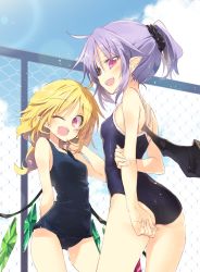 Rule 34 | 2girls, :d, ;d, ahoge, alternate hairstyle, arm behind back, ass, bare arms, bare shoulders, bat wings, black scrunchie, blonde hair, blue one-piece swimsuit, blue sky, blush, breasts, chain-link fence, cloud, cowboy shot, crystal, day, fangs, fence, flandre scarlet, hair between eyes, hair ornament, hair scrunchie, hand up, highres, lens flare, light purple hair, long hair, looking at viewer, multiple girls, no headwear, one-piece swimsuit, one eye closed, open mouth, outdoors, pointy ears, ponytail, red eyes, remilia scarlet, satou kibi, scrunchie, short hair, short ponytail, siblings, sidelocks, sisters, sky, small breasts, smile, standing, swimsuit, thighs, touhou, wings