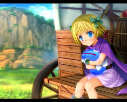 Rule 34 | 1girl, :t, apple, bandages, barrel, belt, blonde hair, blue eyes, blurry, blush, boots, bottle, bow, cape, child, cloud, crossed arms, day, depth of field, dragon quest, dragon quest v, dress, food, fruit, gloves, grass, hair bow, hero&#039;s daughter (dq5), hug, hug from behind, looking down, mountain, mutsuki (moonknives), nature, open mouth, outdoors, pout, profile, sheath, sheathed, short dress, short hair, sitting, sky, slime (dragon quest), solo, square enix, sword, wagon, weapon, wheel, wood