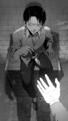 Rule 34 | 1boy, arm support, box, brick wall, dagger, from above, greyscale, highres, knife, levi (shingeki no kyojin), monochrome, on box, outstretched hand, pants, par., pov, sett, shadow, shingeki no kyojin, short hair, sitting, solo focus, torn clothes, torn pants, weapon