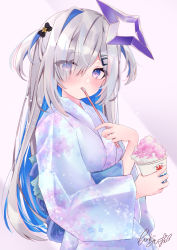 Rule 34 | 1girl, amane kanata, asymmetrical bangs, blue hair, blush, colored inner hair, commentary, cup, eyes visible through hair, food, from side, hair ornament, hair over one eye, hairclip, halo, holding, holding cup, hololive, japanese clothes, kimono, long hair, looking at viewer, moizumi shipon, multicolored hair, obi, purple eyes, sash, shaved ice, signature, silver hair, single hair intake, solo, star halo, two side up, upper body, virtual youtuber, white kimono, yukata