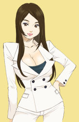 Rule 34 | 1girl, blazer, breasts, brown eyes, brown hair, buttons, cleavage, eyeshadow, formal, hand on own hip, hip focus, jacket, large breasts, lips, lipstick, long hair, makeup, mole, pant suit, pants, pink lips, pouty lips, solo, suit, yuzuka (artist)