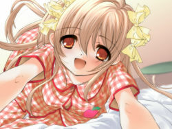 Rule 34 | 1girl, :d, apple, asahina kasumi, bed, blush, bow, breasts, brown hair, covered erect nipples, downblouse, food, food-themed clothes, forget-me-not, fruit, game cg, hair bow, hug, incoming hug, ito noizi, long hair, lying, multiple hair bows, no bra, on side, open clothes, open mouth, open shirt, orange eyes, pajamas, plaid, pov, pov hug, red eyes, ribbon, shirt, smile, solo, stool, thigh gap, very long hair, wasurenagusa