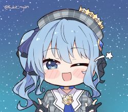 Rule 34 | 1girl, ;d, beret, black gloves, blue choker, blue eyes, blue hair, blush stickers, chibi, choker, commentary, crown, english commentary, gloves, grey hat, grey shirt, hair between eyes, hat, highres, hololive, hoshimachi suisei, hoshimachi suisei (1st costume), kukie-nyan, long hair, looking at viewer, one eye closed, open mouth, partially fingerless gloves, plaid, shirt, side ponytail, sky, smile, solo, star (sky), star (symbol), star in eye, starry sky, symbol in eye, twitter username, virtual youtuber