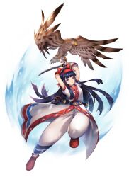 Rule 34 | 1girl, ainu clothes, armpits, arms behind head, blue eyes, blue hair, breasts, hair ribbon, highres, legs, long hair, looking at viewer, mamahaha, nakoruru, open mouth, pants, ribbon, samurai spirits, small breasts, snk, solo, the king of fighters, thighs, weapon