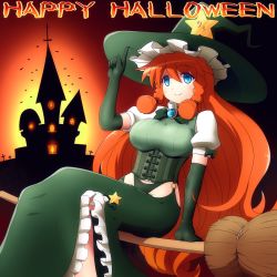 Rule 34 | 1girl, alternate costume, bat (animal), blue eyes, braid, breasts, broom, broom riding, castle, corset, elbow gloves, english text, female focus, gloves, green gloves, green panties, halloween, halloween costume, hat, highres, hong meiling, large breasts, long hair, panties, puffy short sleeves, puffy sleeves, red hair, shirosato, shirt, short sleeves, sidesaddle, skirt, smile, solo, star (symbol), touhou, twin braids, underwear, very long hair, vest, witch hat