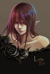 Rule 34 | 00s, androgynous, black flower, black rose, buri (lionshook0805), character name, collarbone, flower, gender request, lady bat, long hair, mermaid melody pichi pichi pitch, pointy ears, purple eyes, red hair, rose, simple background, solo
