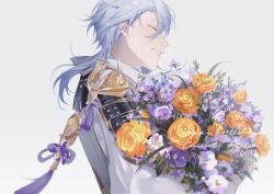 Rule 34 | 1boy, armor, blue hair, bouquet, collared jacket, dated, flower, genshin impact, gold trim, happy birthday, holding, holding bouquet, jacket, kamisato ayato, looking to the side, male focus, open mouth, shoulder armor, simple background, smile, solo, tassel, to e, upper body, white background, white jacket