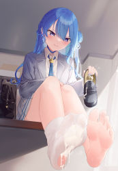 Rule 34 | 1girl, alternate costume, bag, barefoot, black footwear, blue choker, blue eyes, blue hair, blue necktie, blush, cardigan, chinese commentary, choker, collared shirt, commentary request, cum, cum on body, cum on feet, feet, foot focus, foreshortening, grey skirt, highres, holding, holding clothes, holding footwear, hololive, hoshimachi suisei, hoshimachi suisei (school uniform), indoors, kou futoshi, leaning forward, legs, loafers, long hair, long sleeves, looking at viewer, mixed-language commentary, nail polish, necktie, no shoes, one side up, parted lips, pleated skirt, school bag, school uniform, shadow, shirt, shoes, unworn shoes, shoulder bag, side ponytail, sidelocks, single sock, sitting, skirt, socks, soles, solo, spread toes, star (symbol), star in eye, sweatdrop, symbol in eye, toenail polish, toenails, toes, torn clothes, torn socks, virtual youtuber, white shirt, white socks