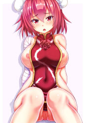 Rule 34 | 1girl, bandages, blush, breasts, bun cover, chinese clothes, cleft of venus, double bun, ebi 193, flower, hair bun, ibaraki kasen, inverted nipples, large breasts, naked tabard, nipples, open mouth, pink eyes, pink hair, pussy, rose, short hair, sitting, solo, tabard, touhou, uncensored