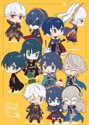 Rule 34 | 5girls, 6+boys, ameno (a meno0), angry, arms behind back, asymmetrical clothes, blue eyes, blue hair, boots, brown eyes, byleth (female) (fire emblem), byleth (fire emblem), byleth (male) (fire emblem), cape, chibi, chrom (fire emblem), closed eyes, corrin (female) (fire emblem), corrin (fire emblem), corrin (male) (fire emblem), dual persona, feh (fire emblem heroes), fingerless gloves, fire emblem, fire emblem: mystery of the emblem, fire emblem: three houses, fire emblem awakening, fire emblem fates, fire emblem heroes, gloves, green eyes, grey hair, grima (fire emblem), hair between eyes, hairband, holding hands, horns, leggings, long hair, lucina (fire emblem), marth (fire emblem), marth (fire emblem awakening), mask, medium hair, multiple boys, multiple girls, multiple persona, nintendo, official alternate costume, official alternate hairstyle, one eye closed, open mouth, pantyhose, red eyes, robin (female) (fell tactician) (fire emblem), robin (female) (fire emblem), robin (fire emblem), robin (male) (fire emblem), short hair, sleeping, smile, sweatdrop, symbol-shaped pupils, thigh boots, tiara, very long hair, white hair, yellow background, zzz