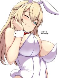 Rule 34 | 1girl, animal ears, bare legs, bare shoulders, blush, bow, bowtie, breasts, covered navel, dated, detached collar, fake animal ears, fake tail, highres, kantai collection, large breasts, leotard, long hair, looking at viewer, montemasa, one eye closed, playboy bunny, rabbit ears, rabbit tail, smile, solo, strapless, strapless leotard, tail, traditional bowtie, twitter username, upper body, warspite (kancolle), white background, white leotard, wrist cuffs