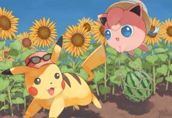 Rule 34 | :d, black-framed eyewear, blue eyes, clear sky, commentary request, creatures (company), day, flower, food, fruit, game freak, gen 1 pokemon, happi xfyg, happy, hat, clothed pokemon, holding, jigglypuff, leaf, nintendo, no humans, open mouth, outdoors, pikachu, pokemon, pokemon (creature), running, signature, sky, smile, sunflower, sunglasses, tongue, watermelon