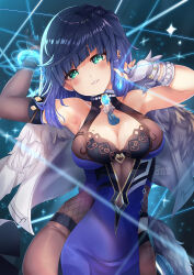 Rule 34 | 1girl, armpits, asymmetrical gloves, bead choker, black hair, blunt bangs, bracelet, braid, breasts, chinese clothes, cleavage, commentary request, dice, fingerless gloves, fur-trimmed jacket, fur trim, genshin impact, gloves, green eyes, highres, jacket, jacket on shoulders, jewelry, long sleeves, looking at viewer, medium breasts, mismatched gloves, mole, mole on breast, parted lips, pelvic curtain, short hair, sidelocks, single braid, sleeveless, smile, solo, string, watermark, xephonia, yelan (genshin impact)