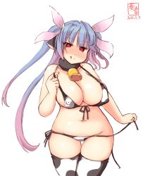 Rule 34 | 1girl, animal ears, animal print, artist logo, bell, bikini, blue hair, breasts, collarbone, commentary request, cow ears, cow horns, cow print, cow tail, cowbell, cowboy shot, curvy, dated, erect nipples, fake animal ears, fake horns, hair ribbon, heart, heart-shaped pupils, highres, horns, i-19 (kancolle), kanon (kurogane knights), kantai collection, large breasts, long hair, lowleg, lowleg bikini, micro bikini, one-hour drawing challenge, plump, red eyes, ribbon, side-tie bikini, simple background, solo, swimsuit, symbol-shaped pupils, tail, thighhighs, tongue, tongue out, tri tails, untied, untied bikini, white background, white bikini, white legwear