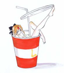 Rule 34 | 1girl, bathing, bow, brown hair, cup, disposable cup, drinking straw, forehead jewel, hair bow, hair ribbon, in container, in cup, knee up, lacress, leg up, legs, long hair, looking at viewer, mini person, minigirl, nude, orichalcum reycal, orichalcum reycal duo, outstretched leg, pale skin, partially submerged, purple eyes, ribbon, simple background, sketch, smile, solo, tsunashima shirou, white background