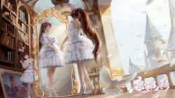Rule 34 | 2girls, animal ears, artist request, back cutout, bare legs, bird, book, brown hair, clothing cutout, douluo dalu, dress, falling feathers, feathers, full body, hair ornament, high heels, highres, mirror, multiple girls, palace, ponytail, rabbit ears, railing, reflection, second-party source, shelf, table, white dress, xiao wu (douluo dalu)