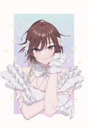 Rule 34 | 1girl, absurdres, aketa mikoto, blush, breasts, brown hair, cleavage, cropped torso, gloves, gradient hair, hand on own cheek, hand on own face, head wings, highres, hourai ninjin, idolmaster, idolmaster shiny colors, large breasts, layered sleeves, light brown hair, light smile, looking at viewer, multicolored eyes, multicolored hair, shirt, solo, upper body, white gloves, white shirt, wings