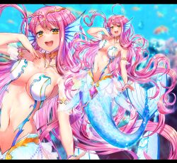 Rule 34 | 1girl, air bubble, akirannu, arm at side, arm garter, blurry, blurry background, blush, bracelet, breasts, bubble, drop shadow, fins, full body, hand up, head chain, head fins, highres, jewelry, large breasts, letter, long hair, looking at viewer, mermaid, monster girl, navel, neck ring, open mouth, original, pink gemstone, pink hair, see-through, see-through skirt, skirt, solo, teeth, upper teeth only, very long hair, yellow eyes, zoom layer